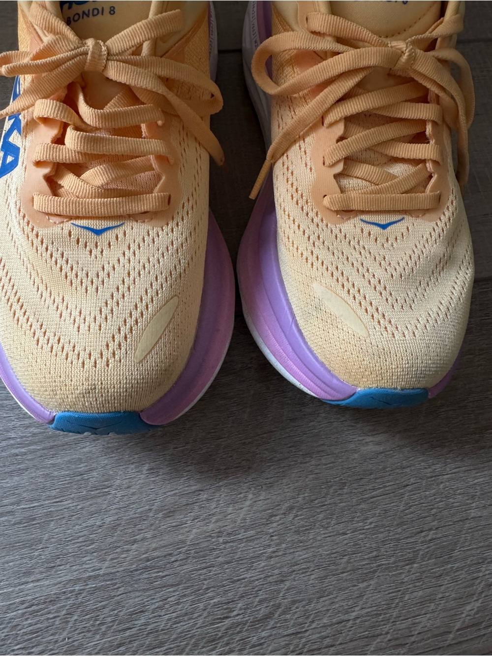 Hoka Bondi 8 Peachy Yellow with Purple & Blue Accents - Picture 2 of 4
